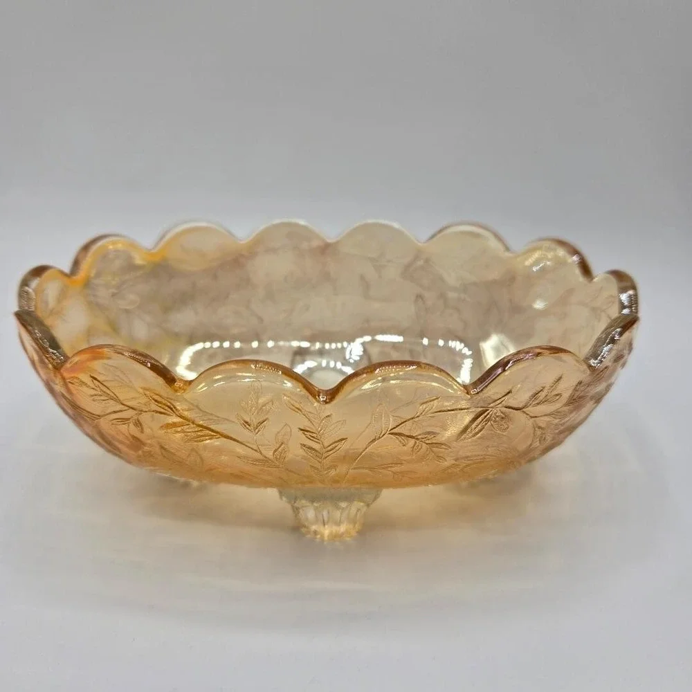 Vintage Jeannette Glass Floragold Louisa Pattern Small Oval 4-Footed Bowl EUC